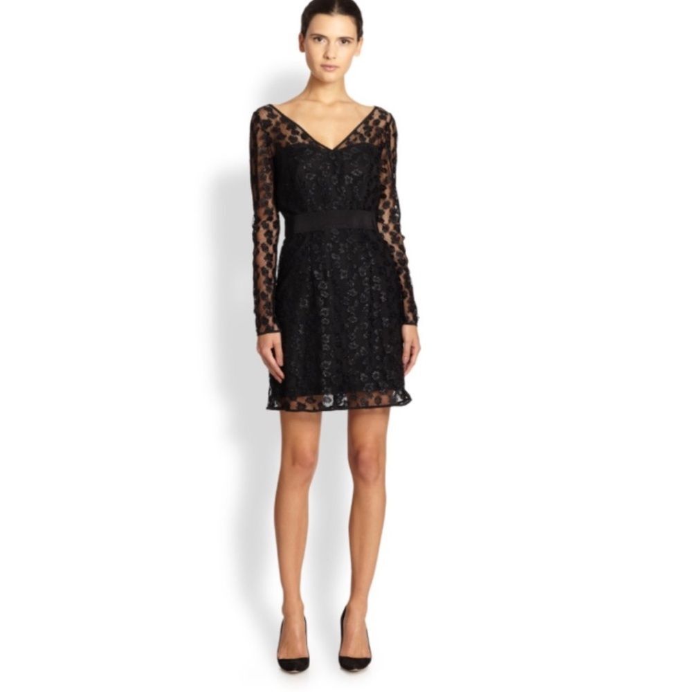Milly Black Lace Overlay Sweetheart Silk‎ Sheath Dress Size 6 Little Black Dress